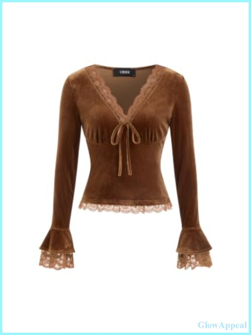Velvet Cropped Long Sleeve Lace Trim V-Neck Top Going Out